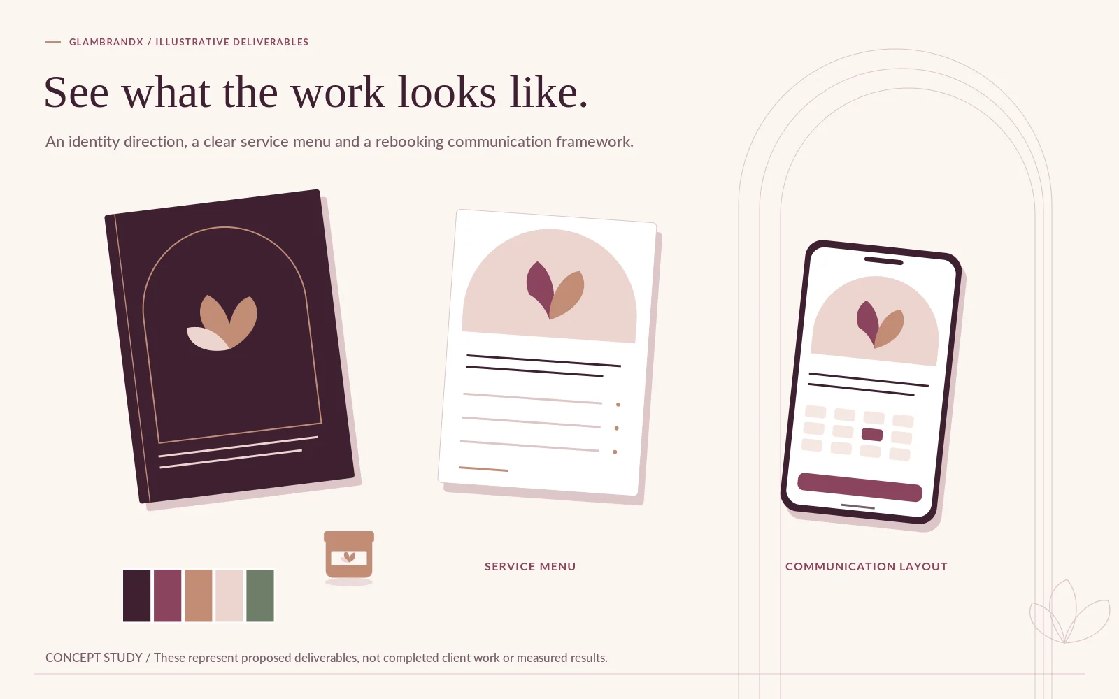 Illustrative deliverables: identity direction, service menu and rebooking communication layout — a concept study, not client work